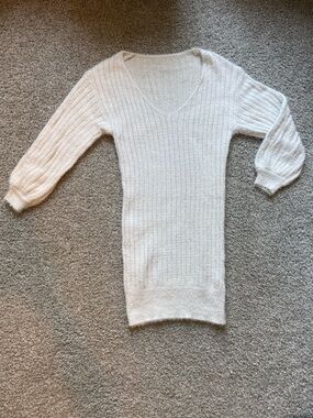SHEIN Cream Ribbed V-Neck Knit Sweater